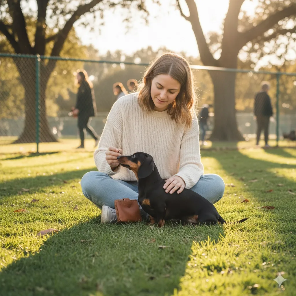 Una persona confronta diverse icone che rappresentano metodi di educazione canina.